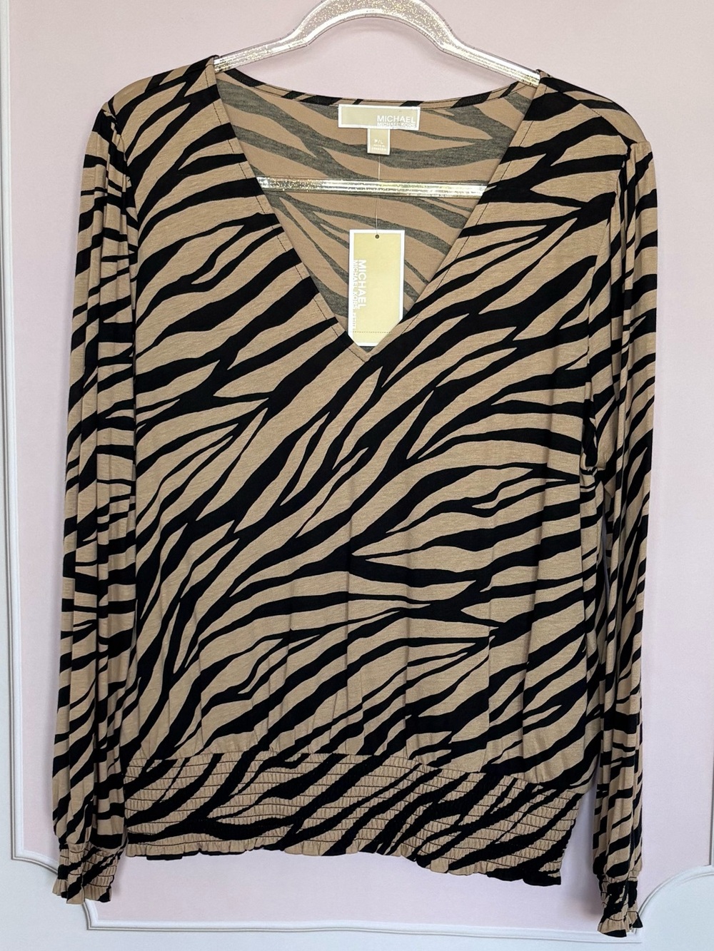 MICHAEL KORS Long Sleeve Tan & Black Zebra Print Smocked Waist Top--NWT--PL - Picture 6 of 15
